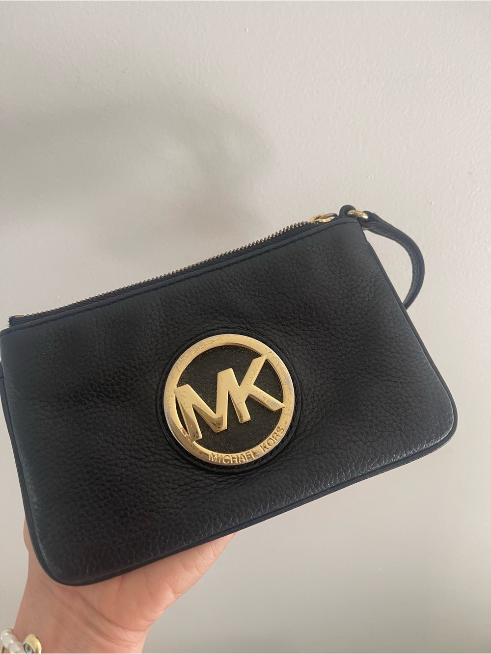Michael Kors Black Leather Wristlet with Gold MK Emblem